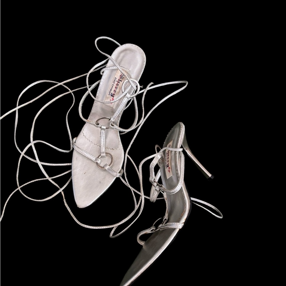 Vintage Silver Leather Strappy Heels with 54” straps